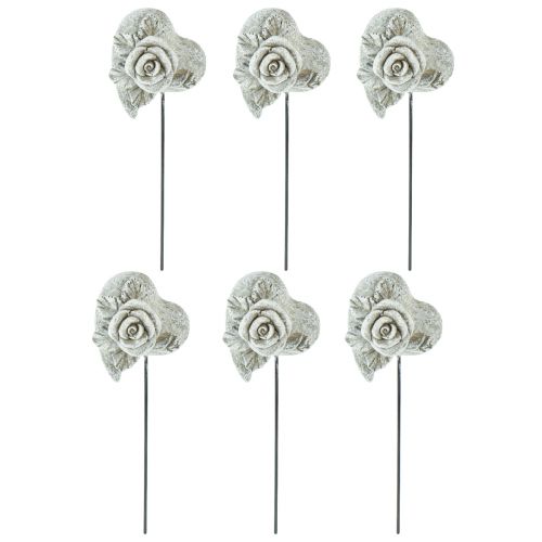 Article Décoration funéraire sur piquet Coeur avec rose 5,5cm 6pcs