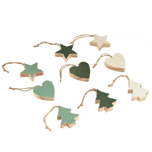 Article Set de pendentifs en bois sapin de Noël, coeur-arbre-étoile, vert menthe-blanc, 4,5 cm, 9 pièces - Décoration de Noël