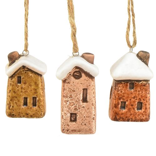 Lot de 6 maisons suspendues en céramique – Différentes nuances de marron, toits enneigés – Charmante décoration de Noël