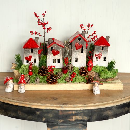 Maisons romantiques en céramique avec motif cœur en lot de 3 - tons rouge et naturel, 10,9 cm - lanternes conçues avec amour