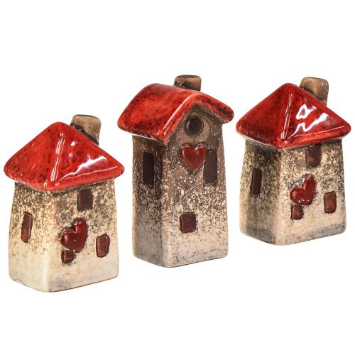 Floristik24 Maisons en céramique 6 pièces avec fenêtre de toit rouge et cœur - 6 cm - Décoration idyllique pour la maison et le jardin