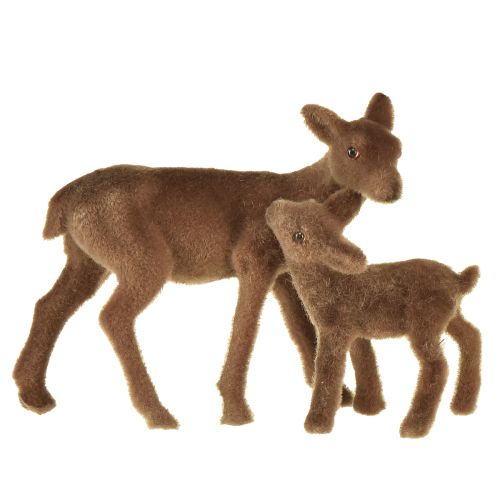 Floristik24 Figurines décoratives de cerfs cerf floqué marron de Noël avec faon en set H9/5,5cm 4 pièces