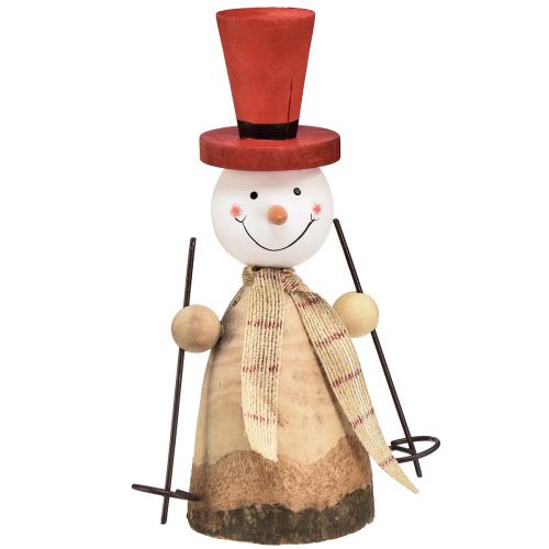 Bonhomme de neige en bois figurine décorative avec chapeau rouge naturel H20,5cm