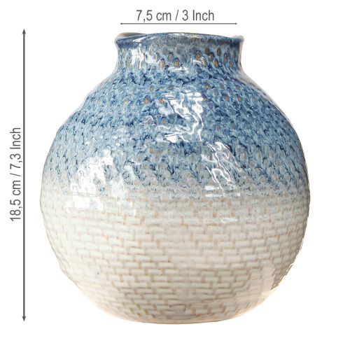 Article Vase en céramique émaillée bleu blanc aspect tressé H18,5cm