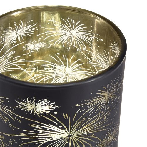 Article Lanterne élégante en verre avec motif de feux d&#39;artifice – Noir et doré, 9 cm – Décoration idéale pour les occasions festives – Lot de 6