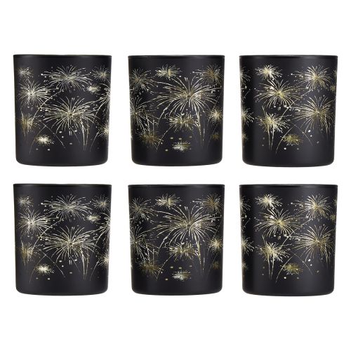 Article Lanterne élégante en verre avec motif de feux d&#39;artifice – Noir et doré, 9 cm – Décoration idéale pour les occasions festives – Lot de 6