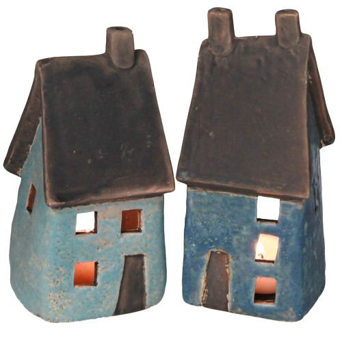 Maison lanterne maison en céramique bleu marron H15,5/17,5cm 2 pcs