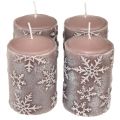 Floristik24 Bougies piliers bougies roses flocons de neige 100/65mm 4pcs